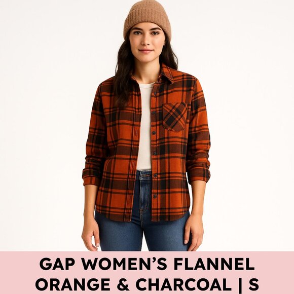 GAP Tops - GAP Flannel Button Down Shirt Burnt Orange Charcoal Plaid Soft Brushed M